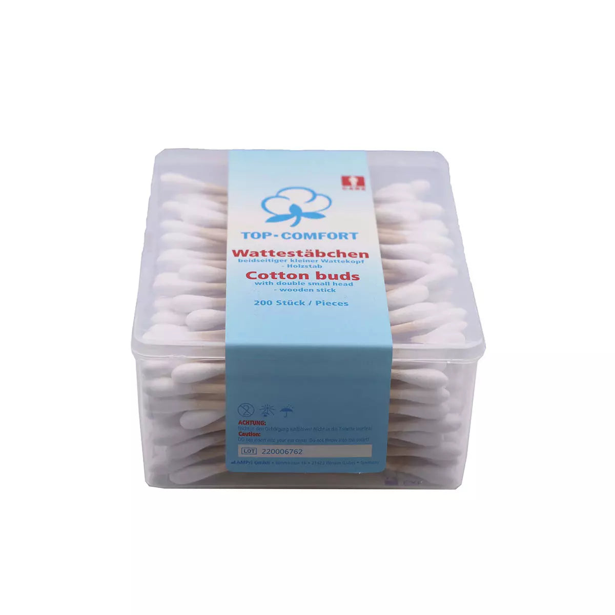 Einmal Holzstab Wattestäbchen Box, 73 mm, Naturholz, Baumwolle, Top-Comfort