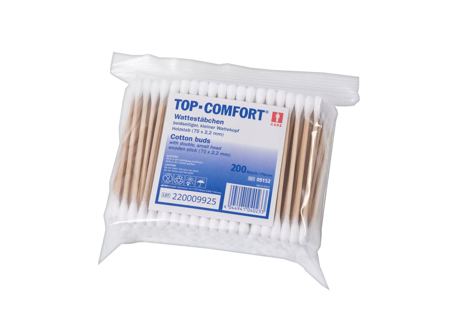 Einmal Holzstab Wattestäbchen Box, 73 mm, Naturholz, Baumwolle, Top-Comfort